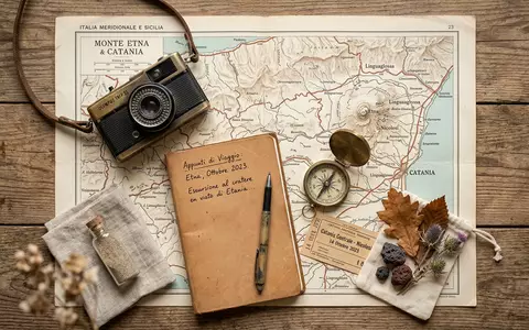 Flatlay-Reise-Arrangement rund um Aetna in Catania Italien, Karte Kompass Kamera und generische Reiserequisiten - Foto: THN