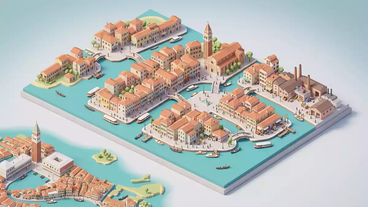 Isometrisches Diorama von Murano in Venedig, Italien in Pastell