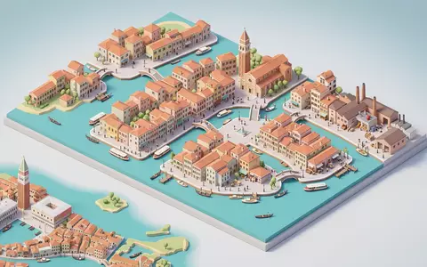 Isometrisches Diorama von Murano und Umgebung in Venedig Italien, verspielte Low-Poly-Kulisse in Pastellfarben - Foto: THN