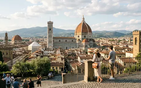 Editorialbild im Reisemagazin-Stil vom Wahrzeichen Kathedrale von Florenz in Florenz Italien, ausgewogene Bildgestaltung und natuerliches - Foto: THN