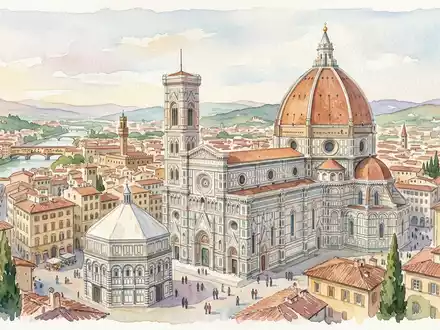 Aquarellillustration des Wahrzeichens Kathedrale von Florenz in Florenz Italien, weiche Farbverläufe und pastelliges Reiseposter-Feeling - Foto: THN
