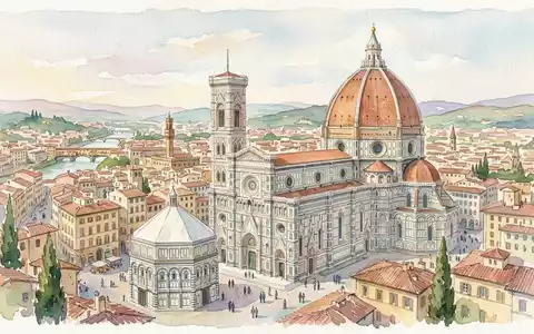 Aquarellillustration des Wahrzeichens Kathedrale von Florenz in Florenz Italien, weiche FarbverlÀufe und pastelliges Reiseposter-Feeling - Foto: THN