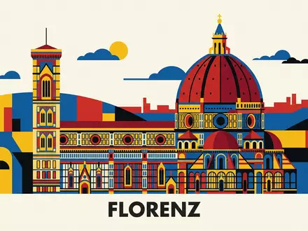 Bauhaus-Poster als geometrische Abstraktion von Kathedrale von Florenz in Florenz Italien, kraeftige Grundfarben und harte - Foto: THN
