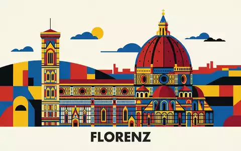 Bauhaus-Poster als geometrische Abstraktion von Kathedrale von Florenz in Florenz Italien, kraeftige Grundfarben und harte - Foto: THN