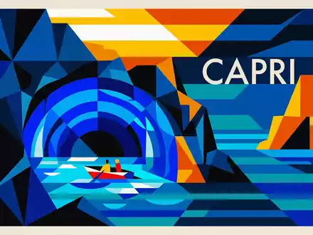 Bauhaus-Poster als geometrische Abstraktion von Blaue Grotte Capri in Capri Italien, kraeftige Grundfarben und harte - Foto: THN