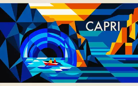Bauhaus-Poster als geometrische Abstraktion von Blaue Grotte Capri in Capri Italien, kraeftige Grundfarben und harte - Foto: THN