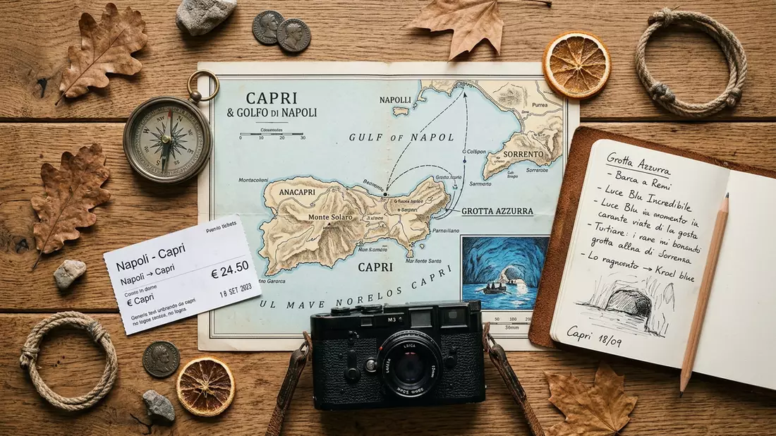 Flatlay-Reise-Arrangement rund um Blaue Grotte Capri in Capri, Italien