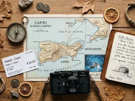Flatlay-Reise-Arrangement rund um Blaue Grotte Capri in Capri Italien, Karte Kompass Kamera und generische Reiserequisiten - Foto: THN