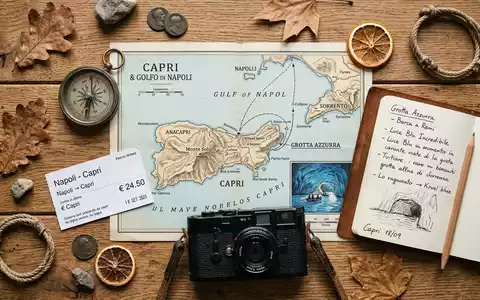 Flatlay-Reise-Arrangement rund um Blaue Grotte Capri in Capri Italien, Karte Kompass Kamera und generische Reiserequisiten - Foto: THN