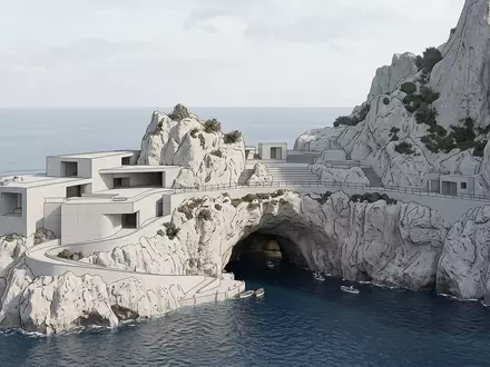 Moderner Architektur-Render zeigt Silhouette von Blaue Grotte Capri in Capri Italien, klare Linien und neutrales - Foto: THN