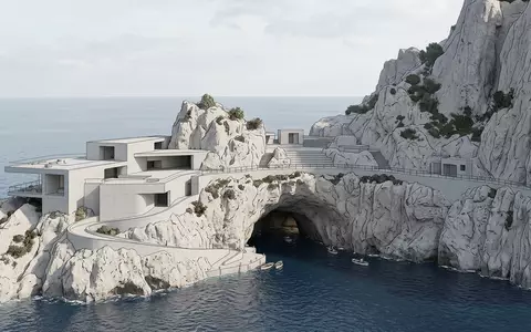 Moderner Architektur-Render zeigt Silhouette von Blaue Grotte Capri in Capri Italien, klare Linien und neutrales - Foto: THN