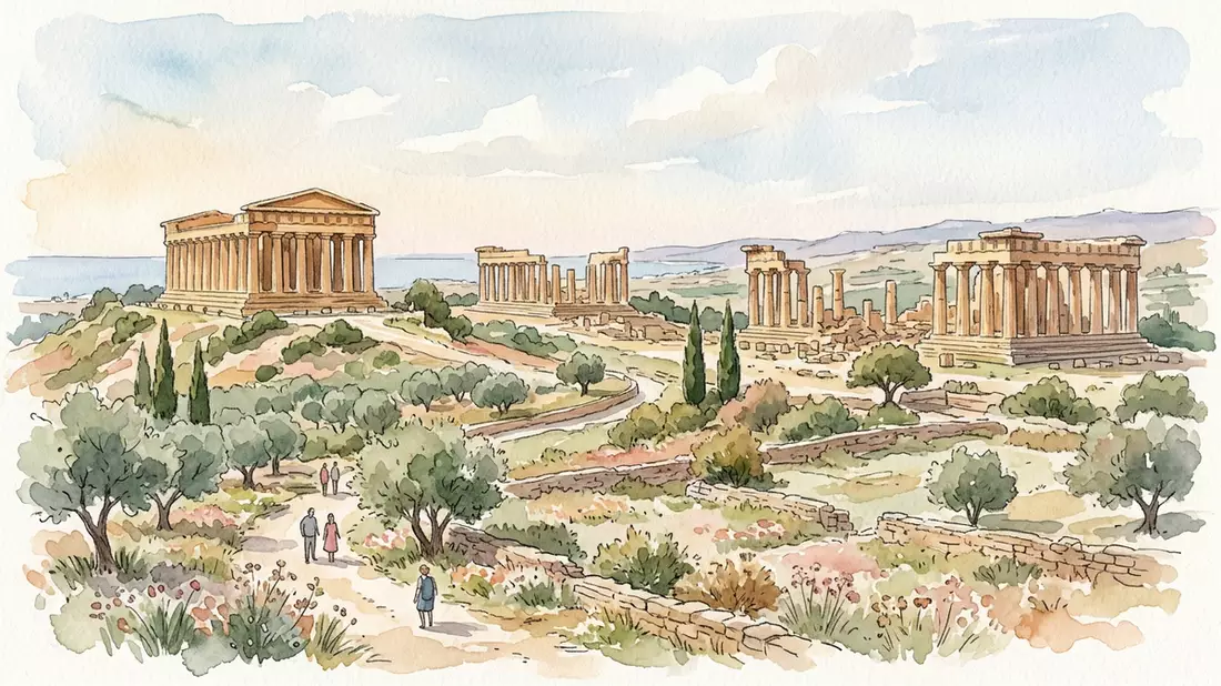 Aquarell-Illustration von Tal der Tempel Agrigent in Agrigento, Italien als Reiseposter
