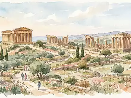 Aquarellillustration des Wahrzeichens Tal der Tempel Agrigent in Agrigento Italien, weiche Farbverläufe und pastelliges Reiseposter-Feeling - Foto: THN