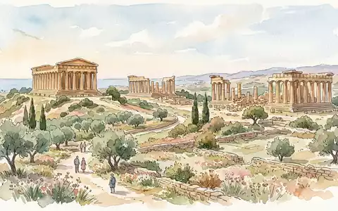 Aquarellillustration des Wahrzeichens Tal der Tempel Agrigent in Agrigento Italien, weiche Farbverläufe und pastelliges Reiseposter-Feeling - Foto: THN