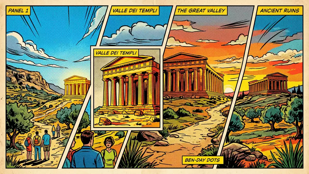 Pop-Art-Comic von Tal der Tempel Agrigent in Agrigento, Italien mit Rasterpunkten