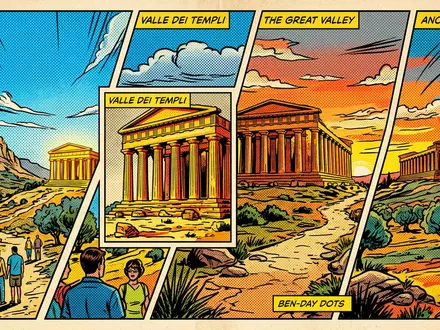 Pop-Art-Comicillustration des Wahrzeichens Tal der Tempel Agrigent in Agrigento Italien, kraeftige Konturen Rasterpunkte und satte - Foto: THN