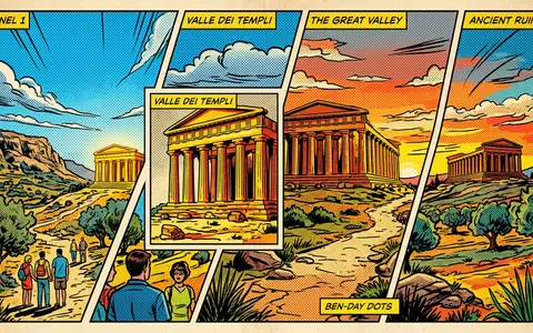 Pop-Art-Comicillustration des Wahrzeichens Tal der Tempel Agrigent in Agrigento Italien, kraeftige Konturen Rasterpunkte und satte - Foto: THN