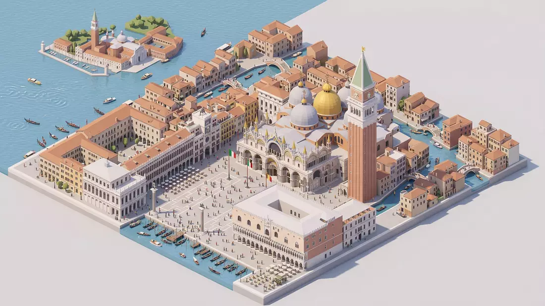 Isometrisches Diorama von Markusdom Venedig in Venedig, Italien in Pastell