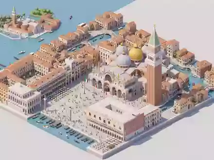Isometrisches Diorama von Markusdom Venedig und Umgebung in Venedig Italien, verspielte Low-Poly-Kulisse in Pastellfarben - Foto: THN