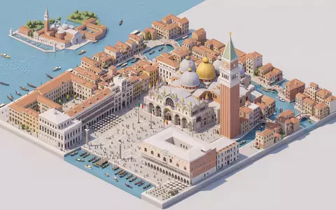 Isometrisches Diorama von Markusdom Venedig und Umgebung in Venedig Italien, verspielte Low-Poly-Kulisse in Pastellfarben - Foto: THN