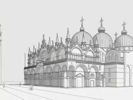 Moderner Architektur-Render zeigt Silhouette von Markusdom Venedig in Venedig Italien, klare Linien und neutrales Tageslicht - Foto: THN