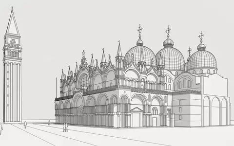 Moderner Architektur-Render zeigt Silhouette von Markusdom Venedig in Venedig Italien, klare Linien und neutrales Tageslicht - Foto: THN