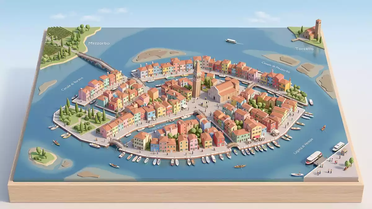 Isometrisches Diorama von Burano in Venedig, Italien in Pastell