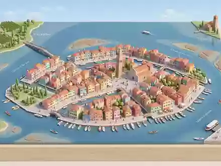 Isometrisches Diorama von Burano und Umgebung in Venedig Italien, verspielte Low-Poly-Kulisse in Pastellfarben - Foto: THN