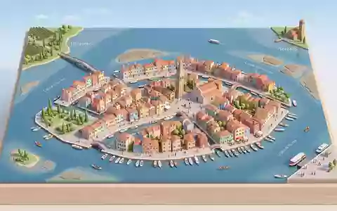 Isometrisches Diorama von Burano und Umgebung in Venedig Italien, verspielte Low-Poly-Kulisse in Pastellfarben - Foto: THN