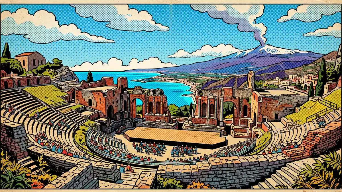 Pop-Art-Comic von Griechisches Theater Taormina in Taormina, Italien mit Rasterpunkten