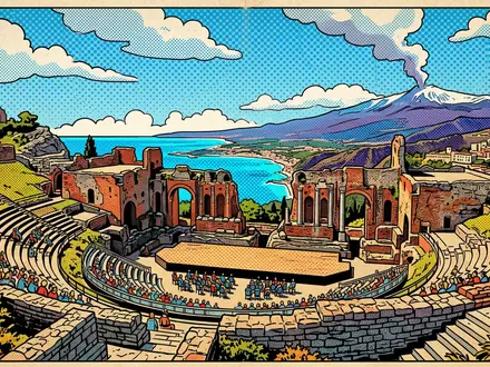 Pop-Art-Comicillustration des Wahrzeichens Griechisches Theater Taormina in Taormina Italien, kraeftige Konturen Rasterpunkte und satte Farben - Foto: THN