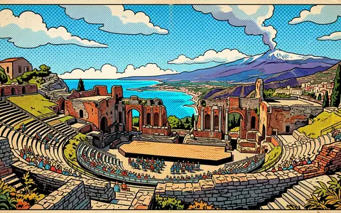 Pop-Art-Comicillustration des Wahrzeichens Griechisches Theater Taormina in Taormina Italien, kraeftige Konturen Rasterpunkte und satte Farben - Foto: THN