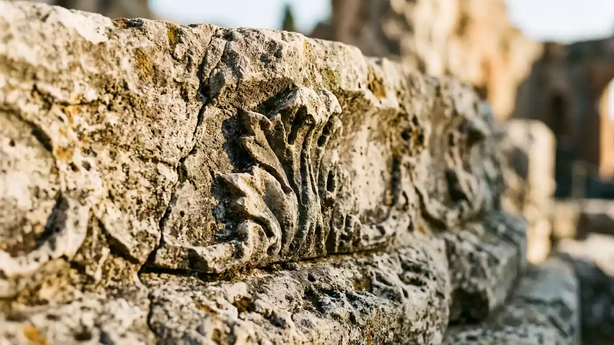 Makroaufnahme eines Materialdetails am Wahrzeichen Griechisches Theater Taormina, Taormina I…