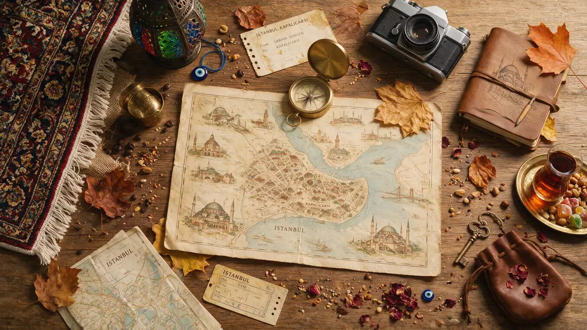 Flatlay-Reise-Arrangement rund um Großer Basar Istanbul in Istanbul, Türkei