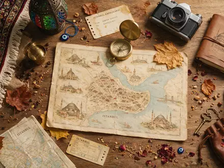 Flatlay-Reise-Arrangement rund um GroĂźer Basar Istanbul in Istanbul TĂĽrkei, Karte Kompass Kamera und generische Reiserequisiten - Foto: THN