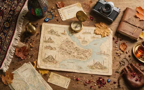 Flatlay-Reise-Arrangement rund um Großer Basar Istanbul in Istanbul Türkei, Karte Kompass Kamera und generische Reiserequisiten - Foto: THN