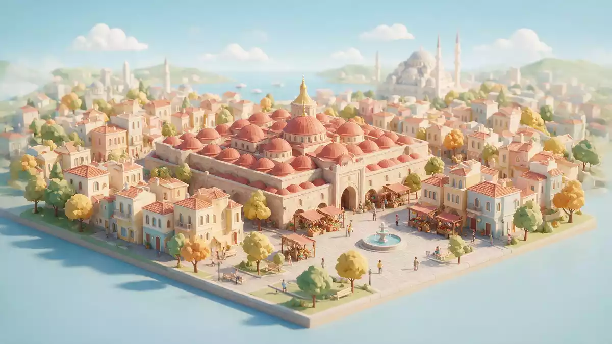 Isometrisches Diorama von Großer Basar Istanbul in Istanbul, Türkei in Pastell