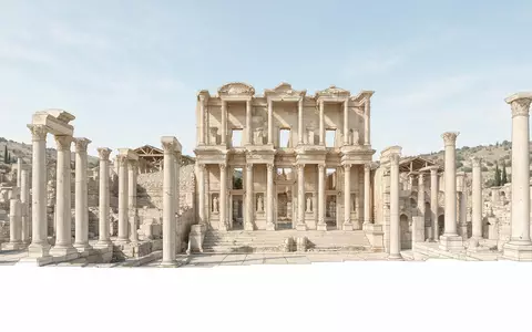 Moderner Architektur-Render zeigt Silhouette von Ephesos in Selcuk Türkei, klare Linien und neutrales Tageslicht - Foto: THN
