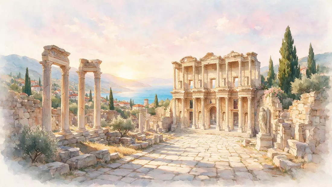 Aquarell-Illustration von Ephesos in Selcuk, Türkei als Reiseposter