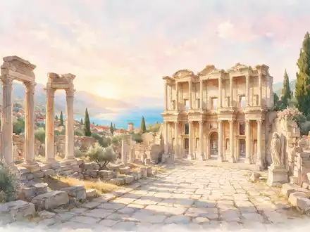 Aquarellillustration des Wahrzeichens Ephesos in Selcuk TĂŒrkei, weiche FarbverlĂ€ufe und pastelliges Reiseposter-Feeling - Foto: THN