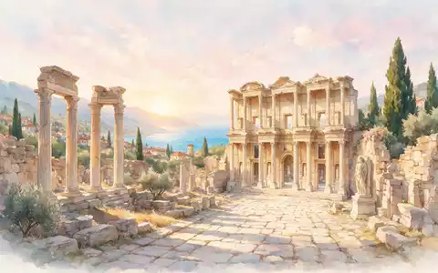 Aquarellillustration des Wahrzeichens Ephesos in Selcuk Türkei, weiche Farbverläufe und pastelliges Reiseposter-Feeling - Foto: THN