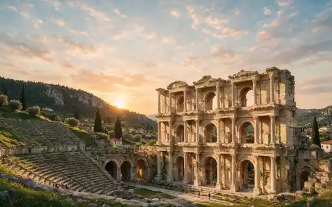Fotorealistische Panoramaaufnahme von Ephesos in Selcuk Türkei, warmes Abendlicht auf Wahrzeichen im Reisemotiv - Foto: THN