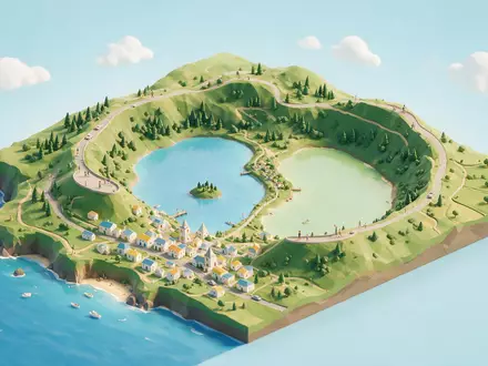 Isometrisches Diorama von Sete Cidades Azoren und Umgebung in Ponta Delgada Portugal, verspielte Low-Poly-Kulisse in - Foto: THN