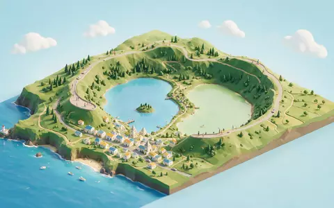 Isometrisches Diorama von Sete Cidades Azoren und Umgebung in Ponta Delgada Portugal, verspielte Low-Poly-Kulisse in - Foto: THN