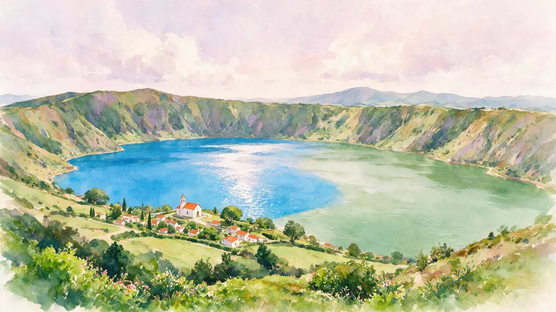 Aquarell-Illustration von Sete Cidades Azoren in Ponta Delgada, Portugal als Reiseposter