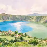 Aquarellillustration des Wahrzeichens Sete Cidades Azoren in Ponta Delgada Portugal, weiche Farbverläufe und pastelliges Reiseposter-Feeling - Foto: THN