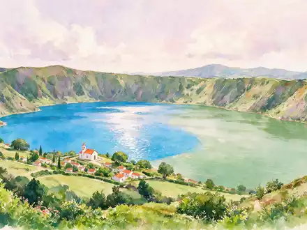 Aquarellillustration des Wahrzeichens Sete Cidades Azoren in Ponta Delgada Portugal, weiche Farbverläufe und pastelliges Reiseposter-Feeling - Foto: THN