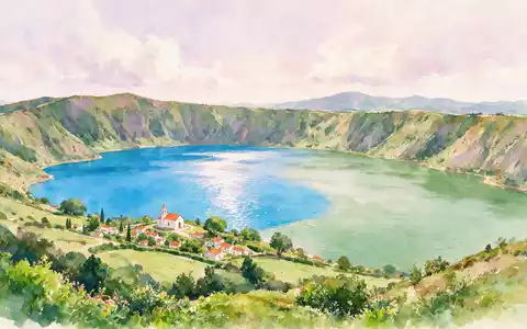 Aquarellillustration des Wahrzeichens Sete Cidades Azoren in Ponta Delgada Portugal, weiche Farbverläufe und pastelliges Reiseposter-Feeling - Foto: THN
