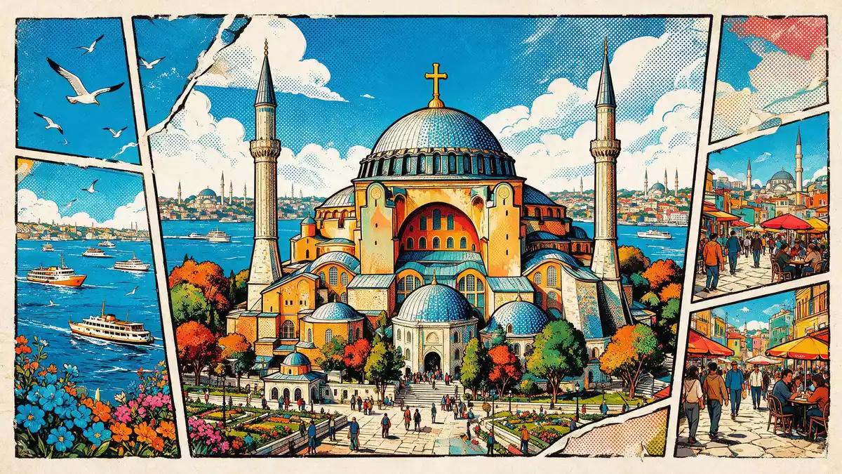 Pop-Art-Comic von Hagia Sophia Istanbul in Istanbul, Türkei mit Rasterpunkten