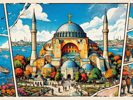Pop-Art-Comicillustration des Wahrzeichens Hagia Sophia Istanbul in Istanbul Türkei, kraeftige Konturen Rasterpunkte und satte Farben - Foto: THN